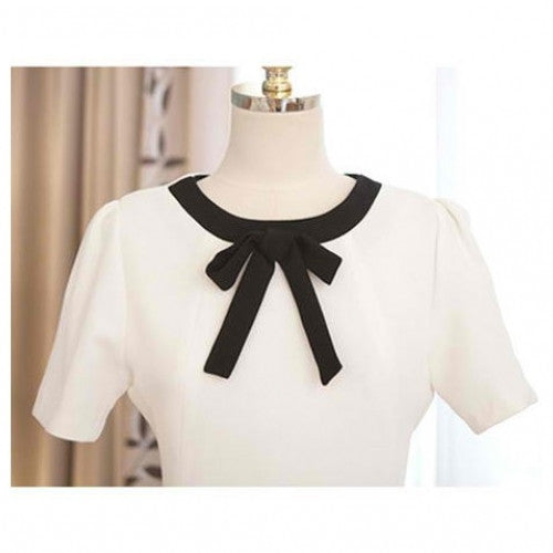 Color Block Bowknot Puff Sleeve Dress