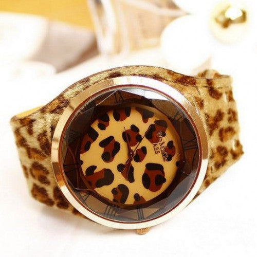 Leopard Print Big Round Leather Strap Watch